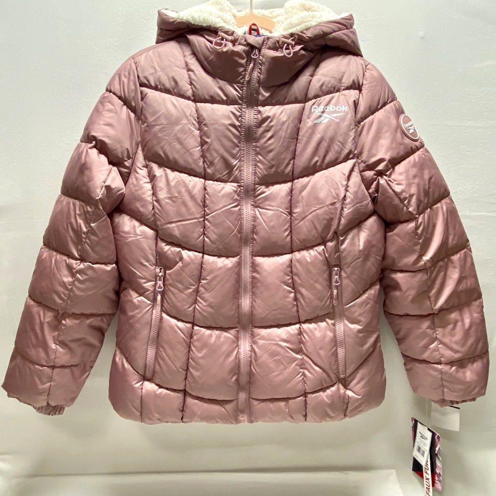 Reebok Faux Fur Hooded Puffer Jacket Women's Small Dusty Rose Glacier Shield NWT